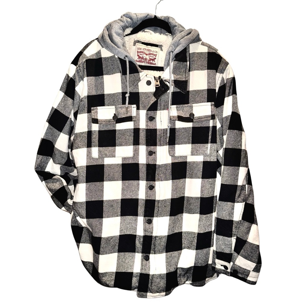 Levi's Black and White Plaid Hooded Flannel Jacket
